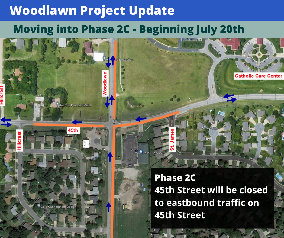 Map of 45th Street showing closure from St. James to Hillcrest only allowing westbound traffic.