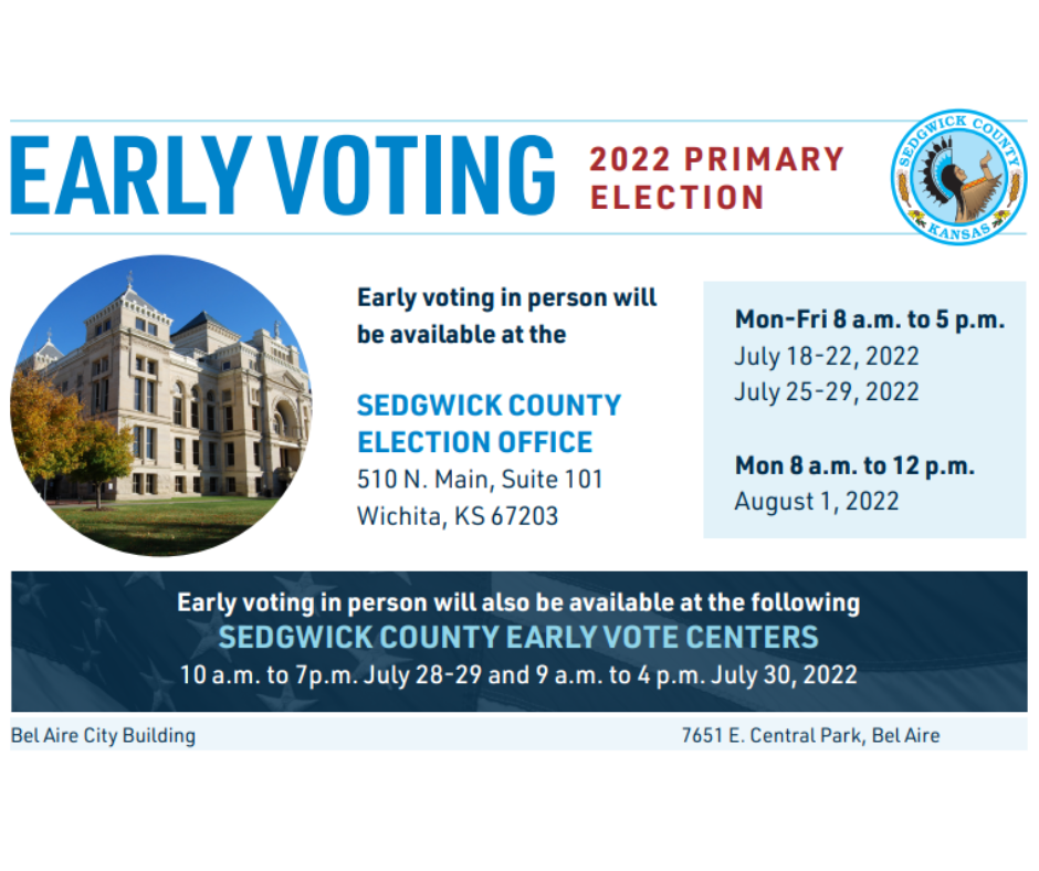 Early voting flyer sharing information for Sedgwick County Election Office voting dates and hours.