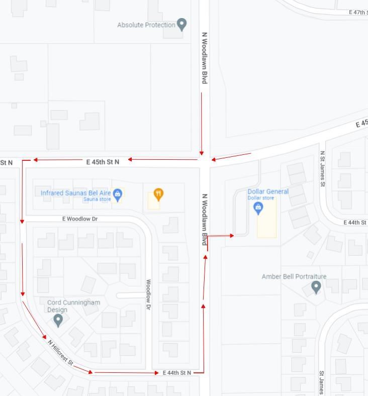 Dollar General Detour - Red arrows show the best routes to safely access Dollar General.