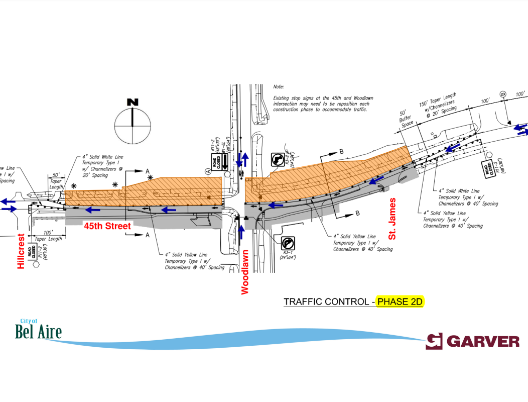 Traffic heading west through intersection of 45th & Woodlawn will shift to use new paving.