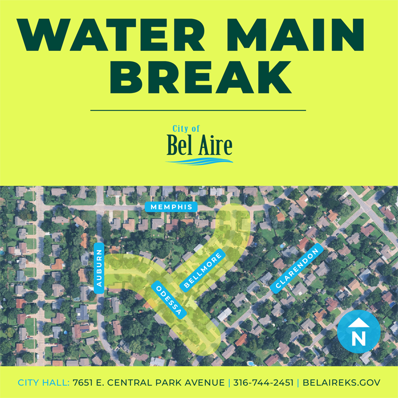 Water Main Break impacting Bellmore Street and 5700 through 5800 blocks of Odessa in Bel Aire