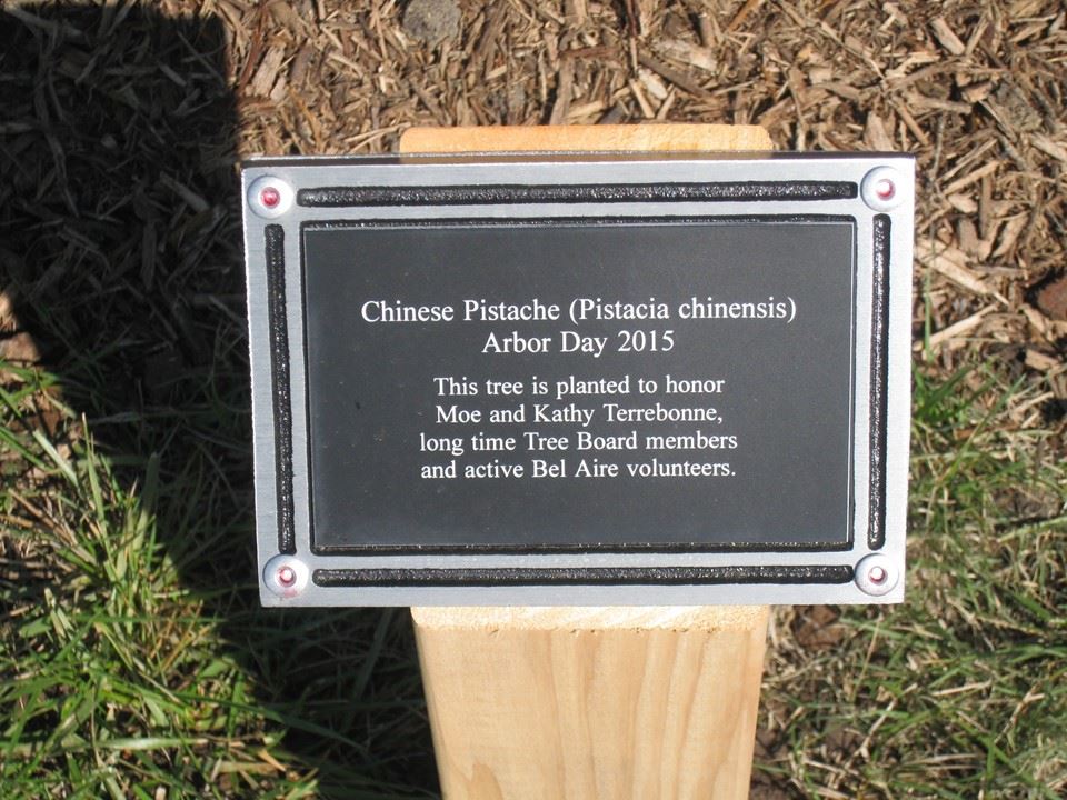 Tree plaque in honor of Moe and Kathy Terrebonne for their volunteer service to Bel Aire.