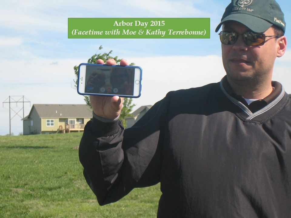 Moe and Kathy Terrebonne attend the Arbor Day 2015 ceremony by face time on the iPhone.