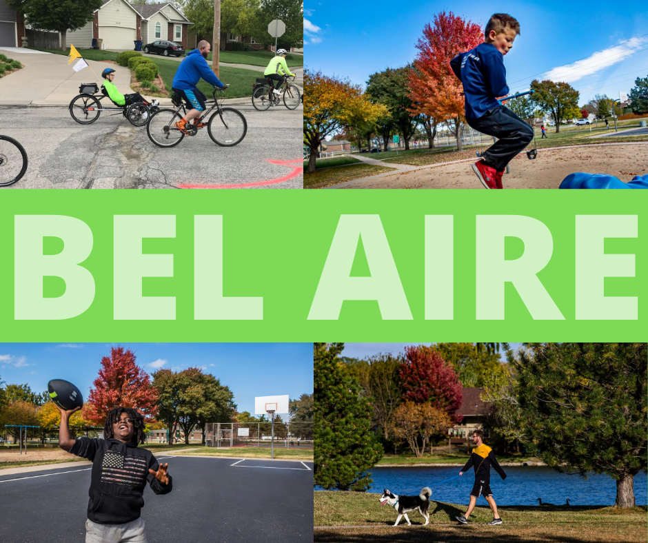 Pictures of active residents on bicycles, jumping, walking dog, and throwing football.