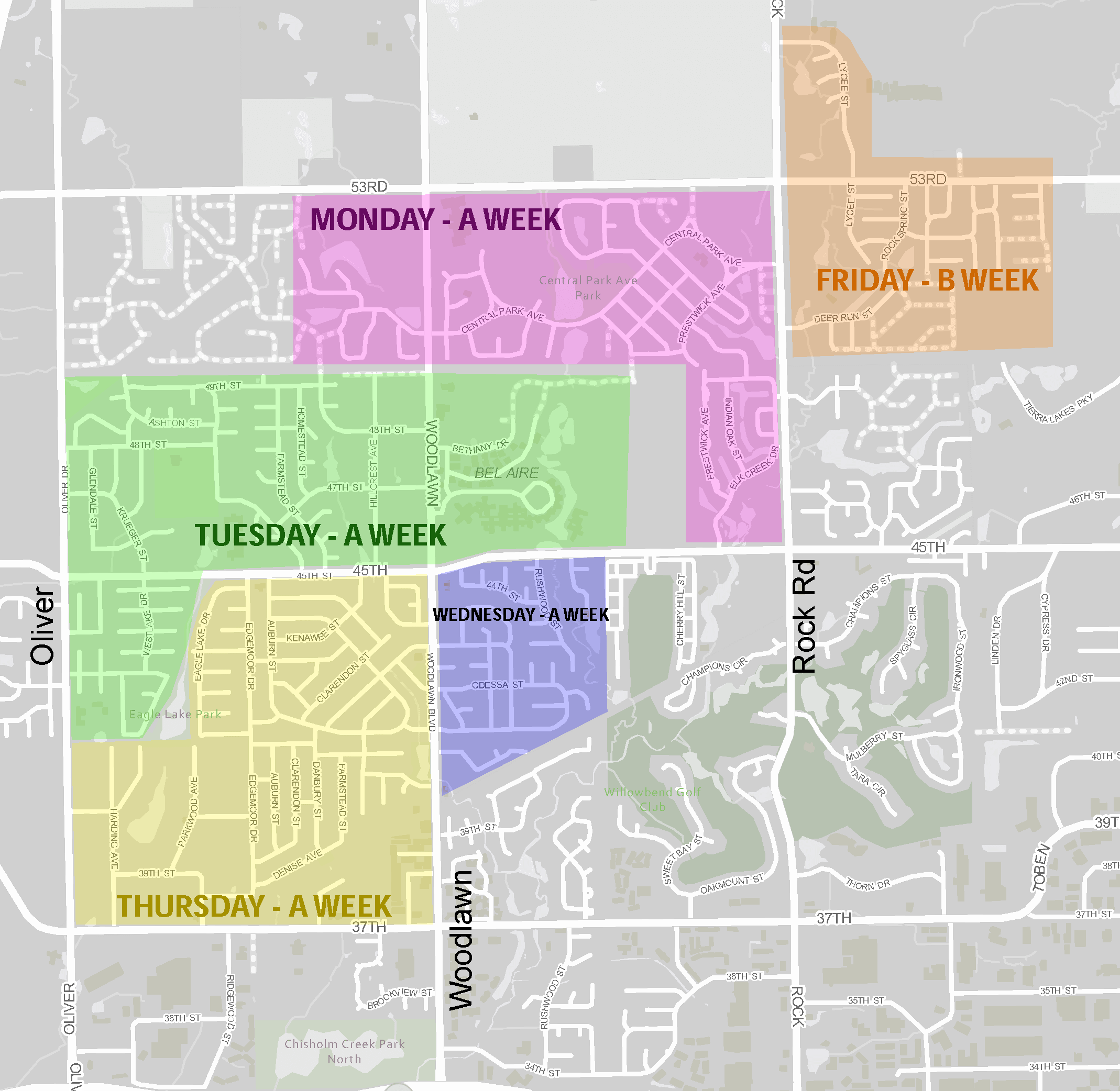 Trash Recycle Map shaded different colors for various pick up days
