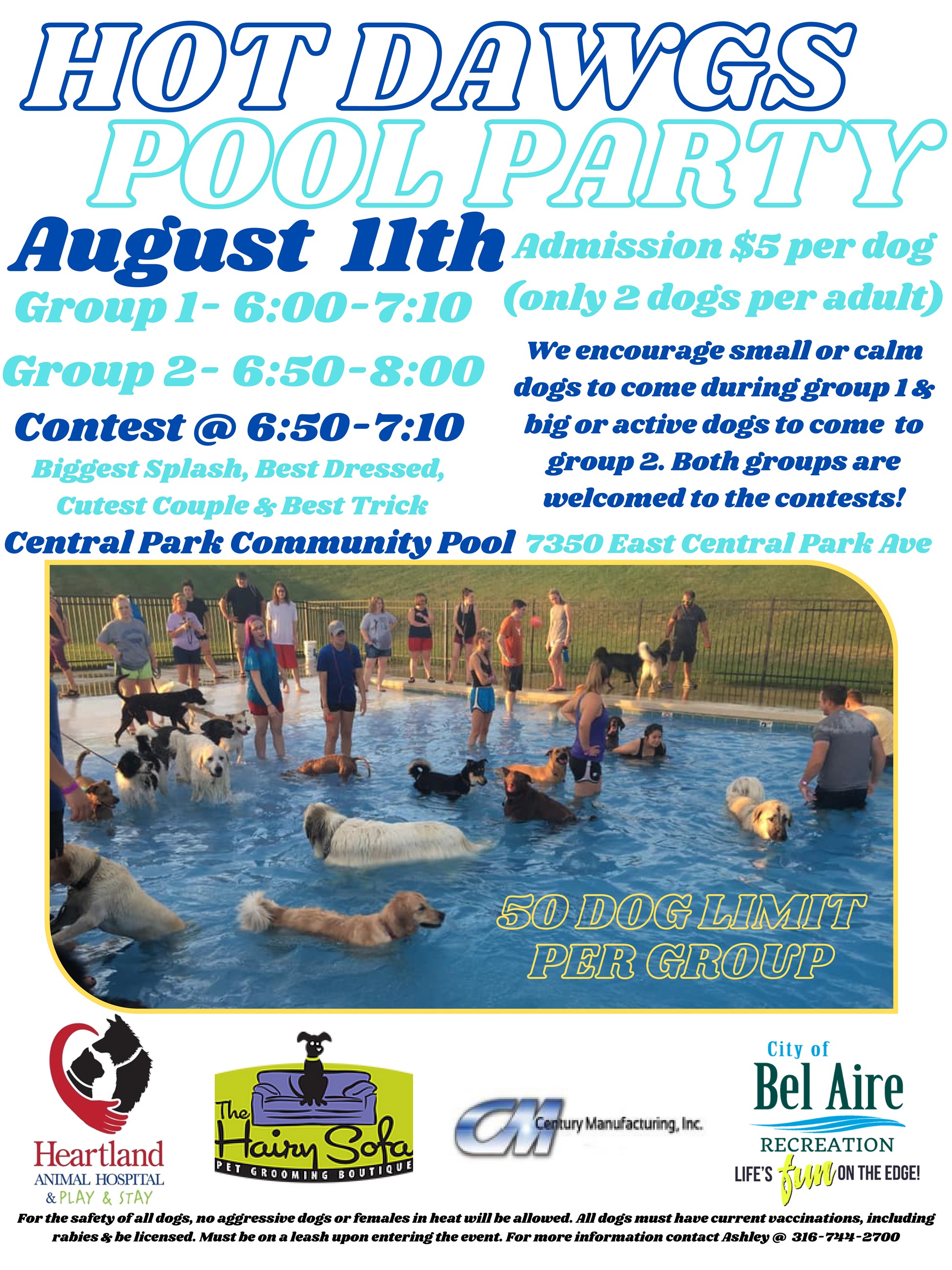 Flyer with people and dogs in the Bel Aire Pool promoting the Dog Pool Party